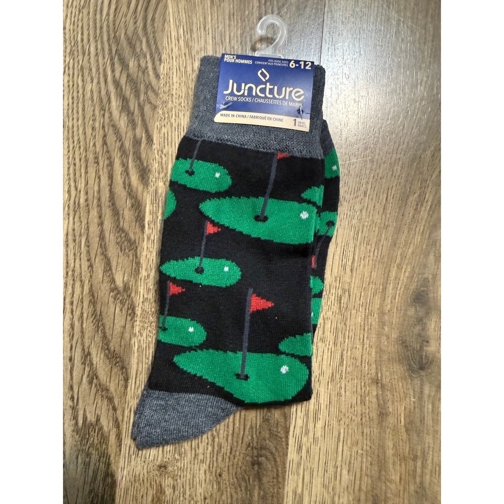 Juncture Socks Mens Size 6-12 Black Crew Socks Novelty Sport Print Golf Green